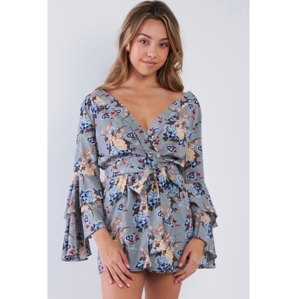 HUMMINGBIRD Floral Surplice Bell Sleeve Romper - Picture 2 of 9